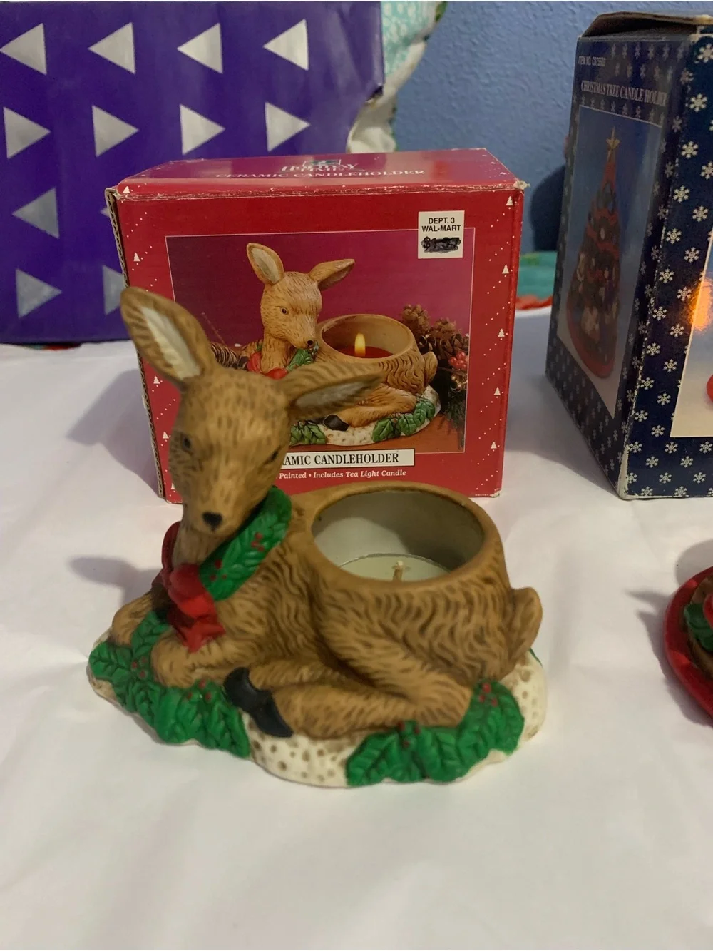 Two Ceramic Christmas Tea Lite Candleholders Deer Tree Nativity